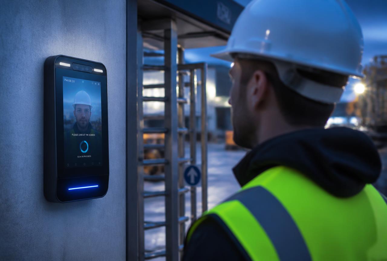 Hikvision face recognition access terminal beside a site turnstile