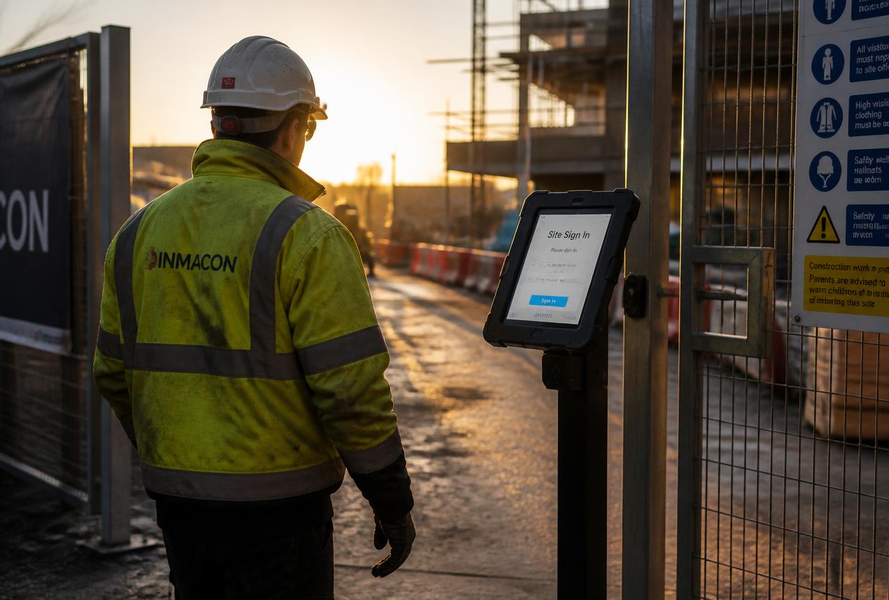 Site operative signing in on a tablet kiosk at a construction site gate
